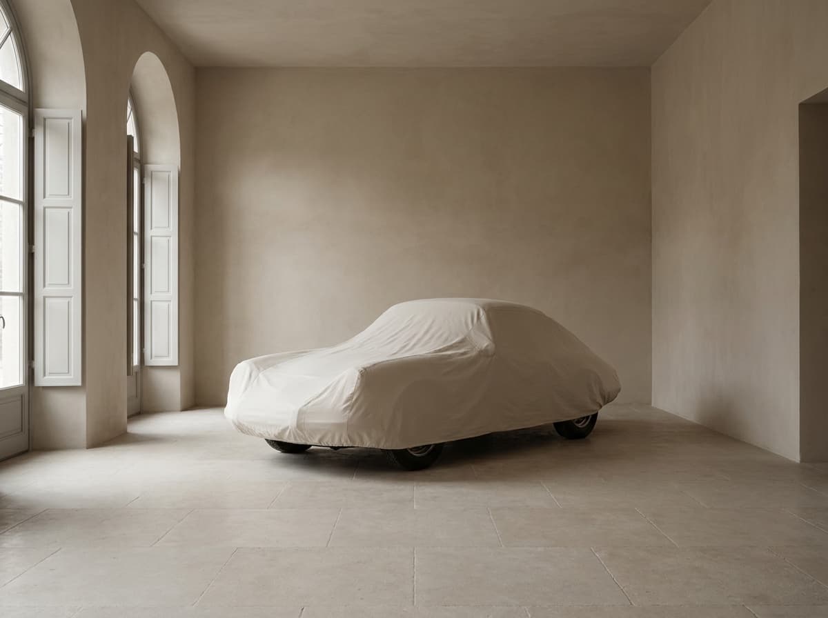 A collector car under a fitted cover in the atelier
